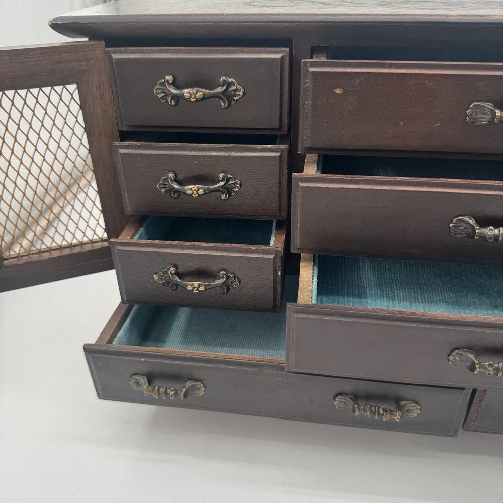 Vintage Japanese Wood‎ Jewelry Box Chest 9 Drawer MCM Teal Velvet Lined Japan
